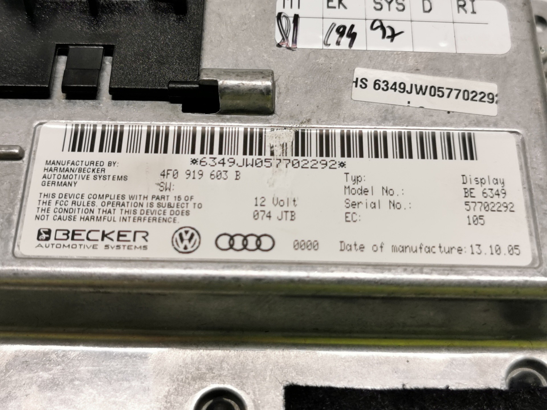 PANTALLA MULTIFUNCIÓN AUDI A6 BERLINA (4F2) 4F0919603B 4F0919603B - Vista 3
